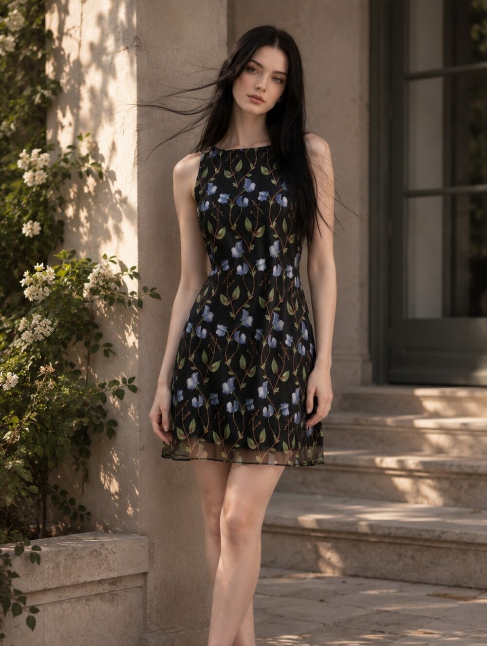 Tahari ASL Floral Embroidered A-Line Cocktail Dress Size 10 Black & Blue